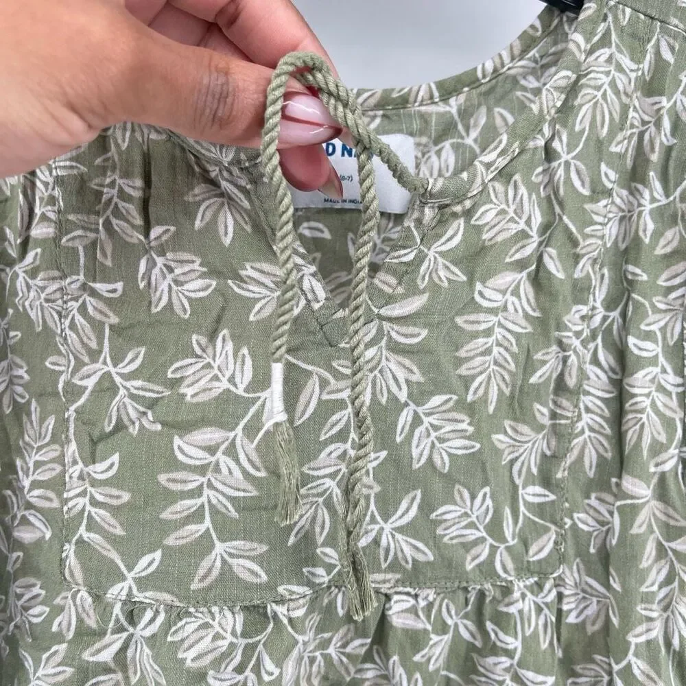Old Navy Girl’s Olive Floral Tie-Neck Tiered-Hem Cotton Boho Blouse Size 6/7